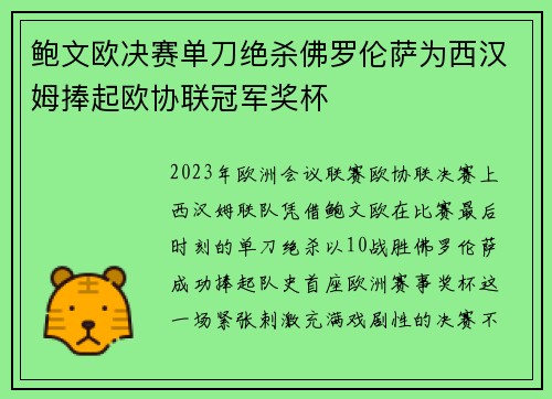 鲍文欧决赛单刀绝杀佛罗伦萨为西汉姆捧起欧协联冠军奖杯