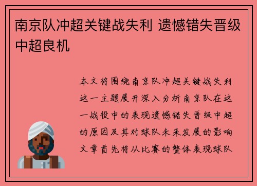 南京队冲超关键战失利 遗憾错失晋级中超良机